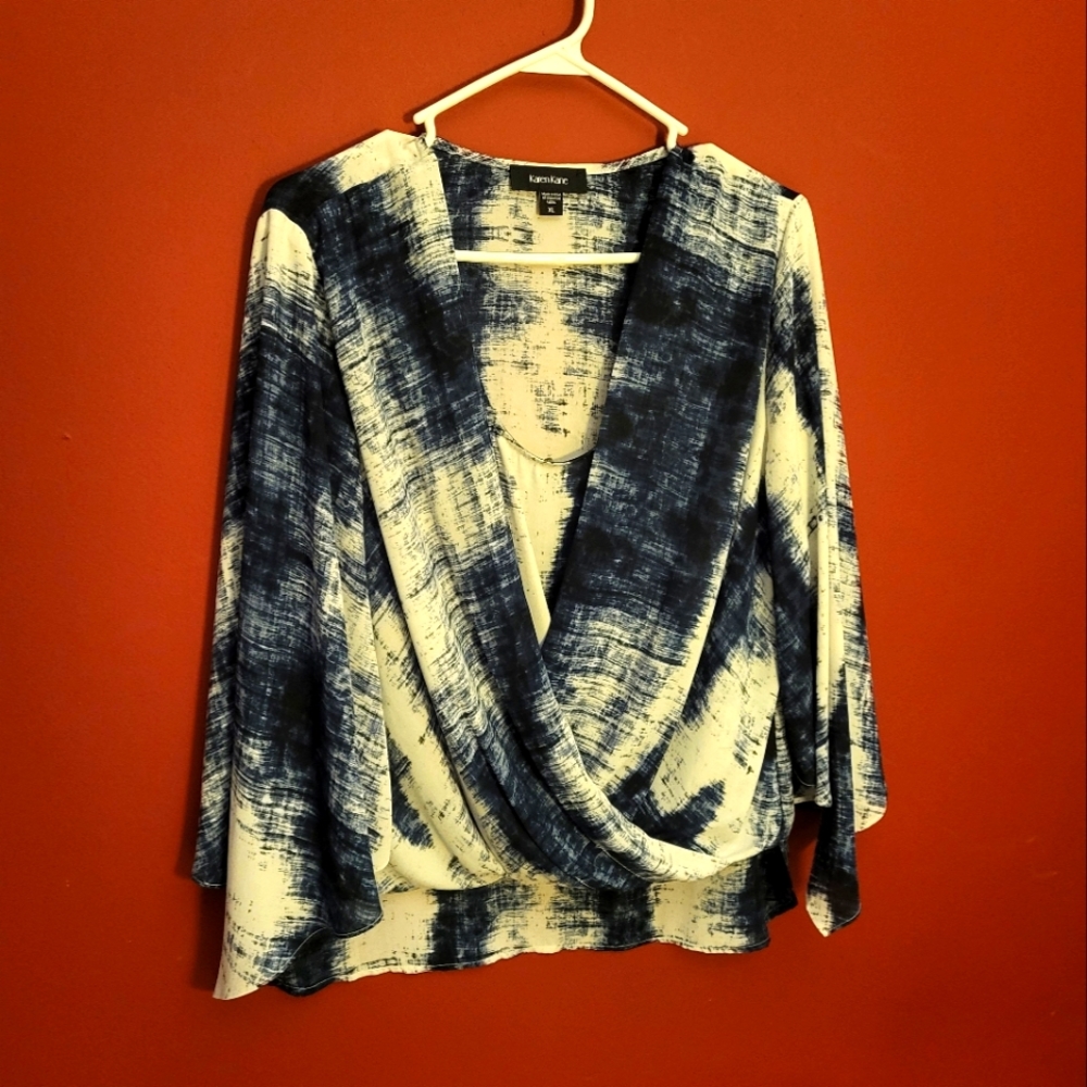 Karen Kane blue & white blouse, size XL